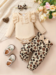 Baby 3pcs Outfits Floral leopard Pants & Ruffle Romper Set