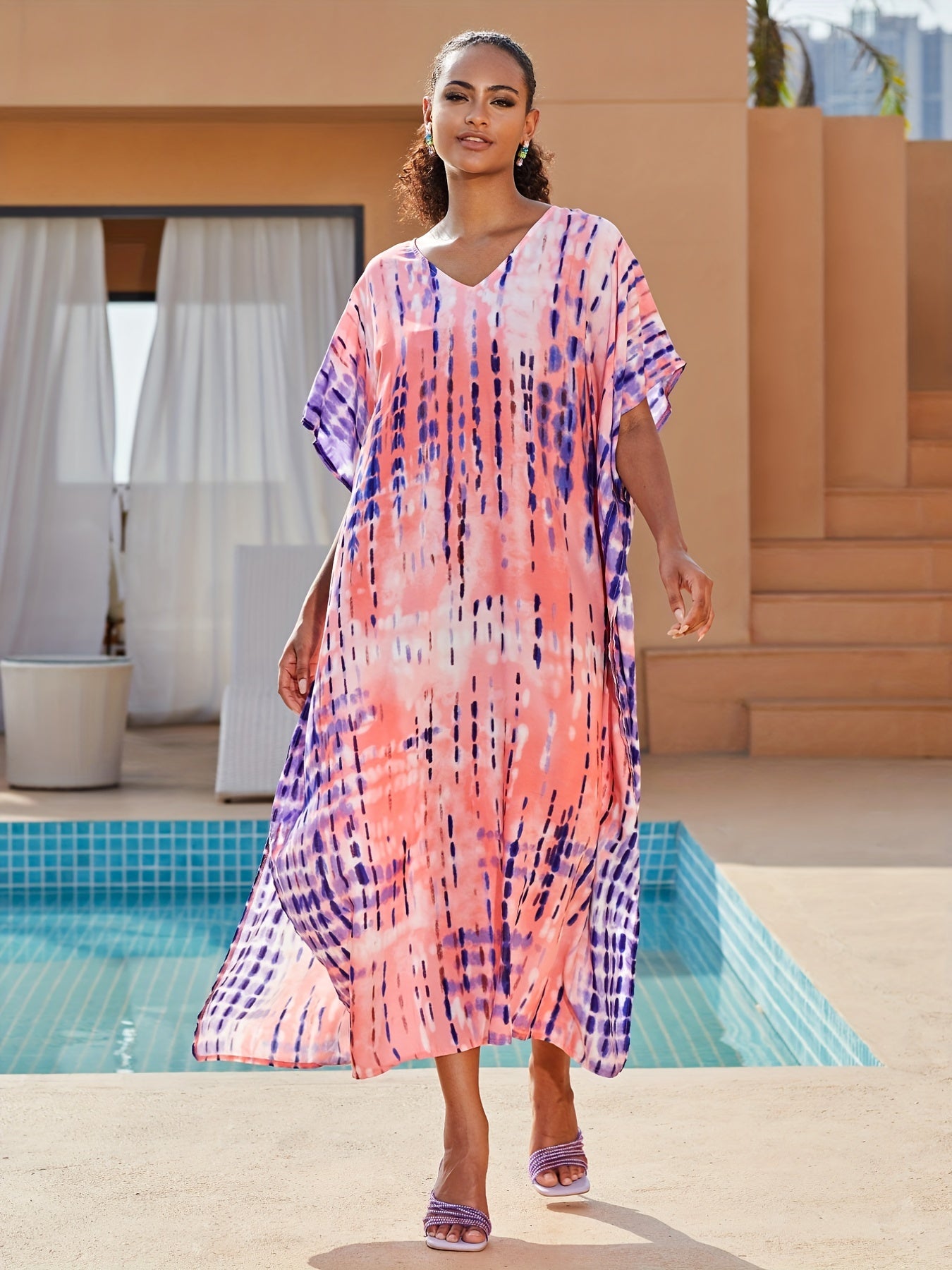 Tie Dye Stripe Print V Neck Maxi Beach Cover Up