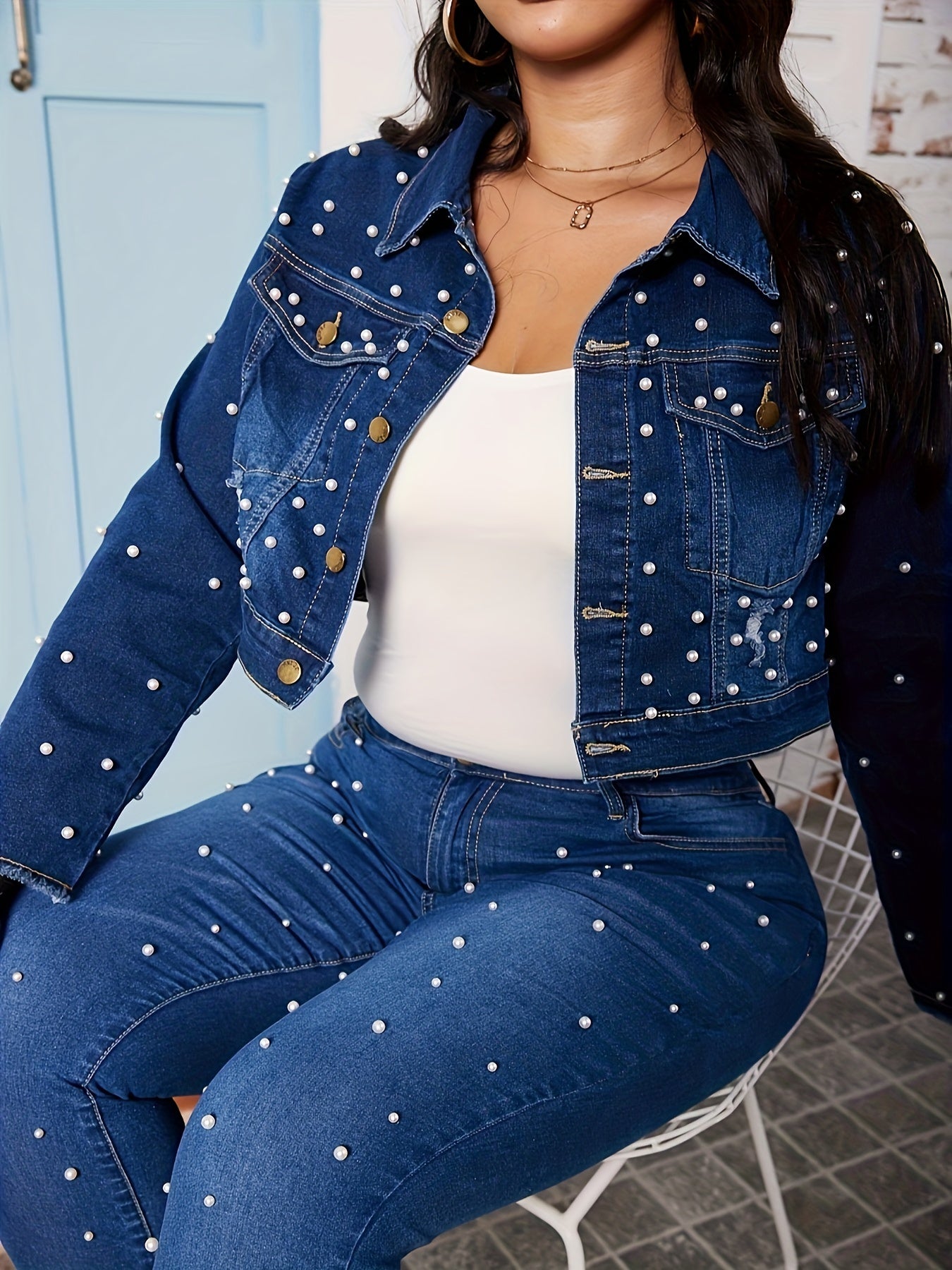 Retro Denim Jacket Raw Trim Button Up Collar Crop Jacket