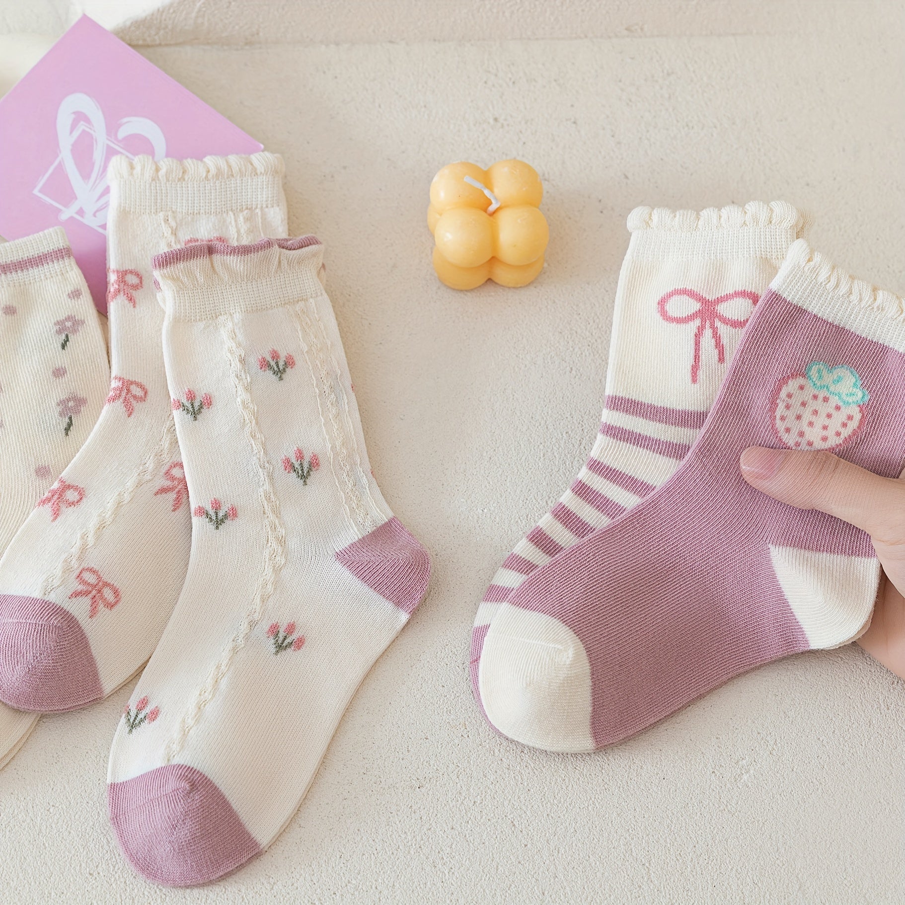 5 Pairs Girls Kids Crew Socks Cartoon Pattern Breathable Comfy Stylish Students