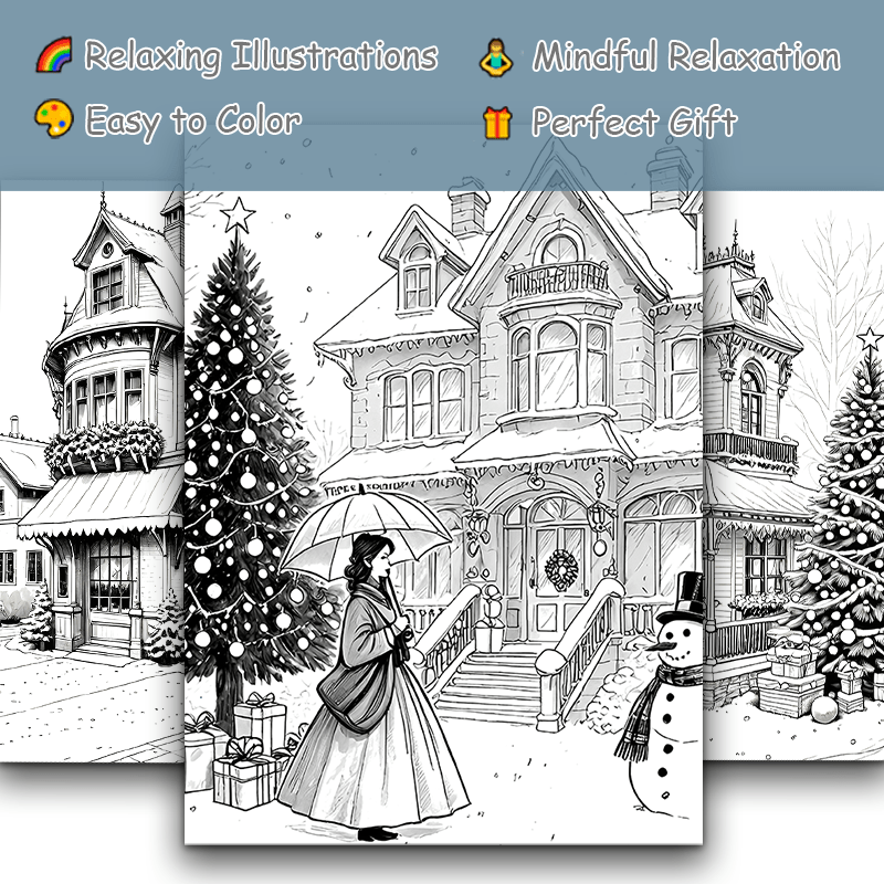 Christmas House Adult Coloring Book Snowy Scene Horse