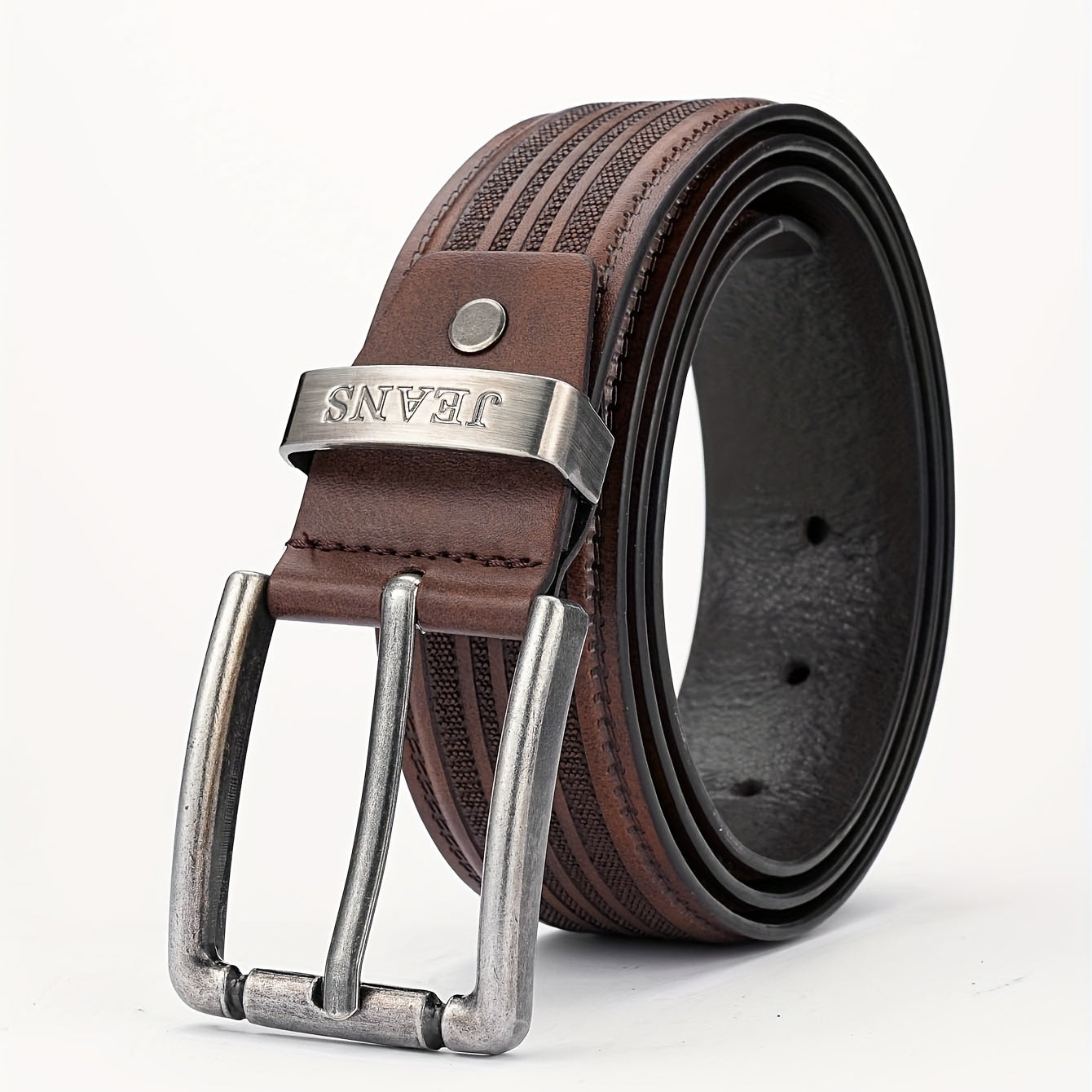 Men's PU Stripe Belt with Alloy Pin Buckle