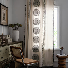 Boho Geometric Print Cream Curtain With Fringe - Semi Blackout