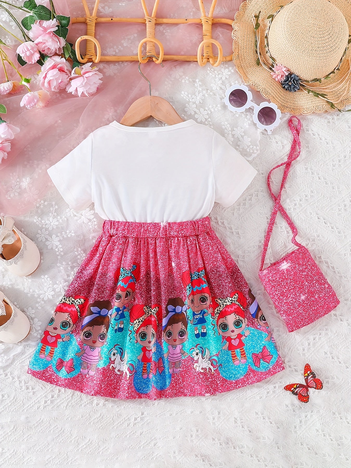 Tie Dye Stitching Short Sleeve Tee Dress & Bag Set