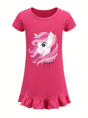 Toddler Girl's Unicorn Print Nightgown Ruffle Short Sleeve Nightdress