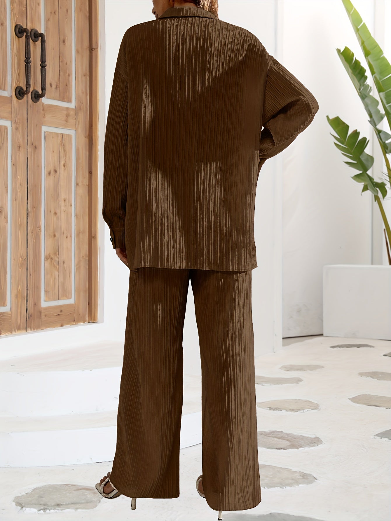 Solid Textured Two piece Set Button Front Long Sleeve Shirt & Wide Leg Pants