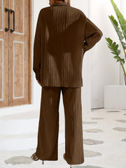 Solid Textured Two piece Set Button Front Long Sleeve Shirt & Wide Leg Pants