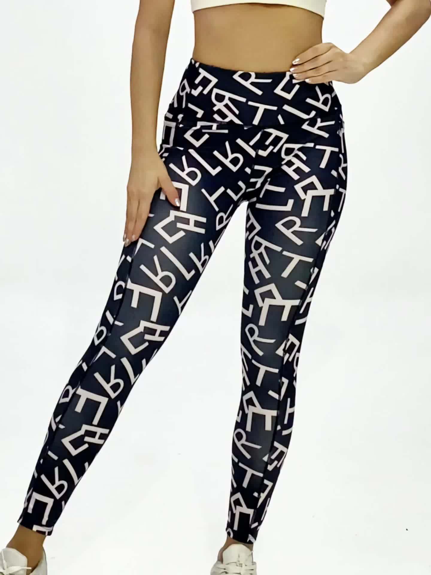 Letter Print Yoga Pants High Stretch Slim Fit Sports Yoga Leggings