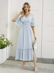 Ruffle Trim Solid Dress Shirred V Neck Split Thigh Dress Women's Clothing