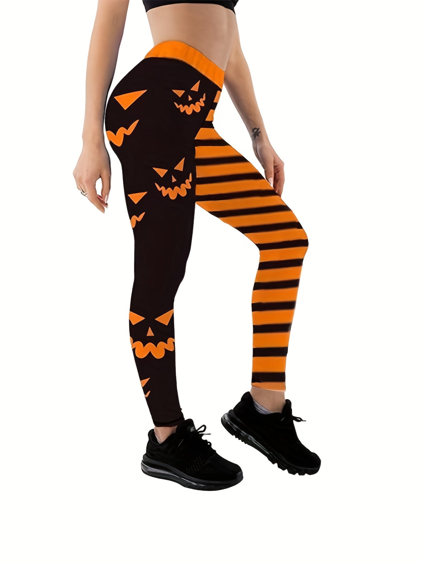 Funny Face & Stripe Print Halloween Leggings