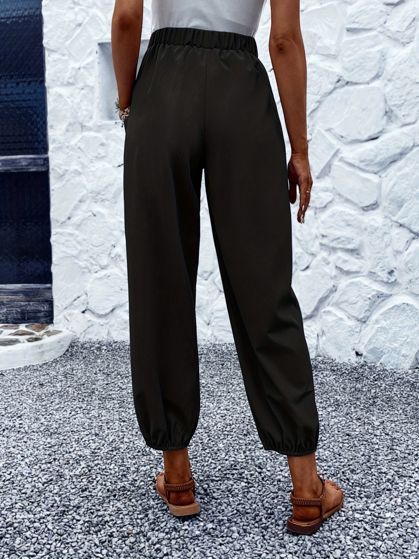 Button Decor Patched Pockets Pants Casual Loose Elastic Waist Comfy Solid Pants