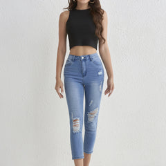 Ripped Holes Cropped Jeans Slim Fit High Stretch Capris Denim Pants