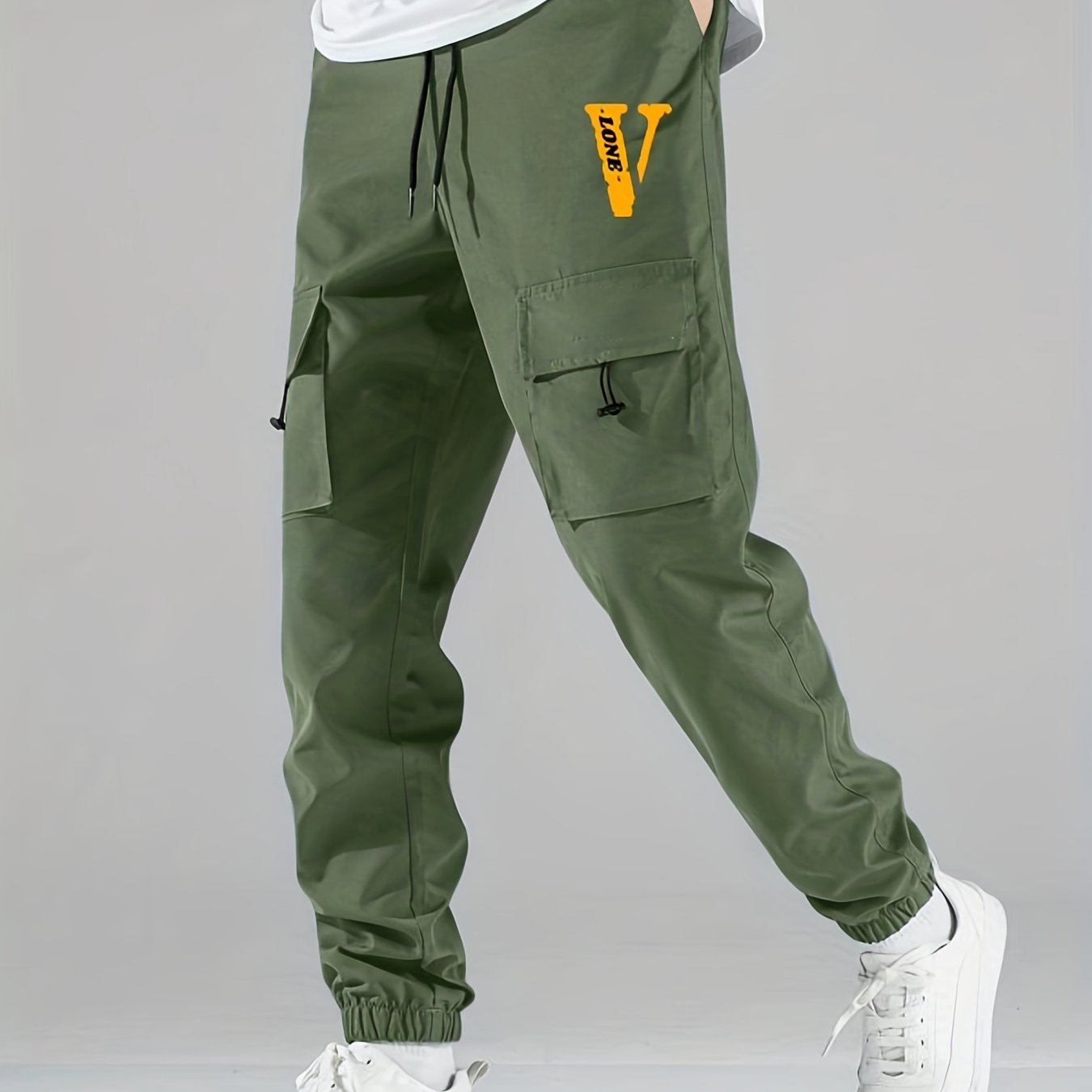 V Print Cargo Pants Men s Flap Pocket Trousers Loose Casual Outdoor Pants