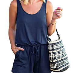 Solid Drawstring Romper Casual Sleeveless Romper