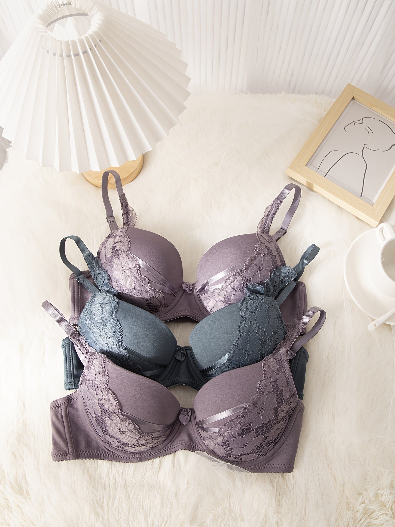 3pcs Lace Push Up Bras Comfy & Breathable Women's Lingerie