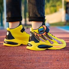 Boy's Basketball Shoes with Hook and Loop Fastener Athletic Non Slip Sneakers