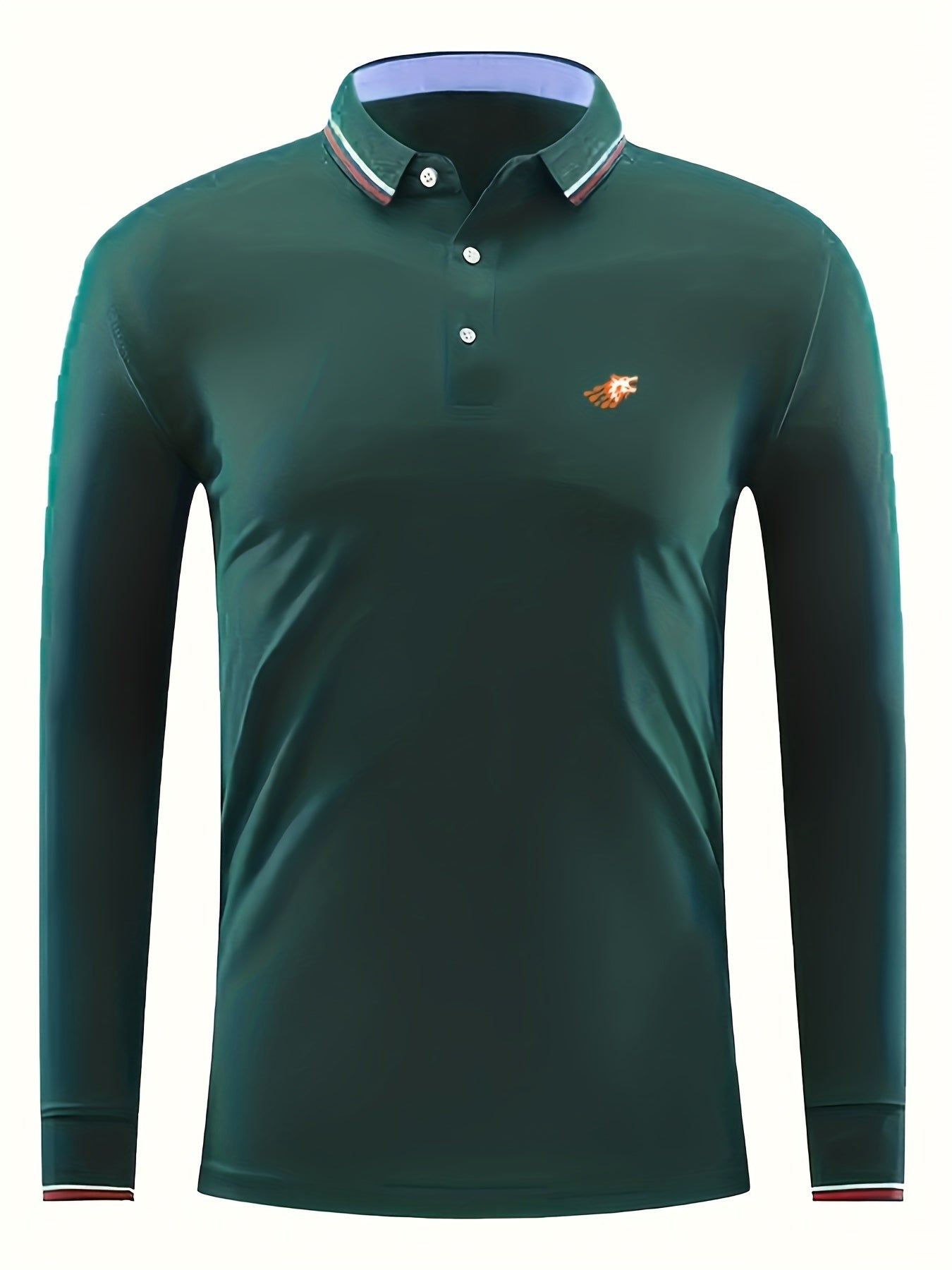 Men's Wolf Head Print Polo Shirt Casual Breathable Long Sleeve Shirt
