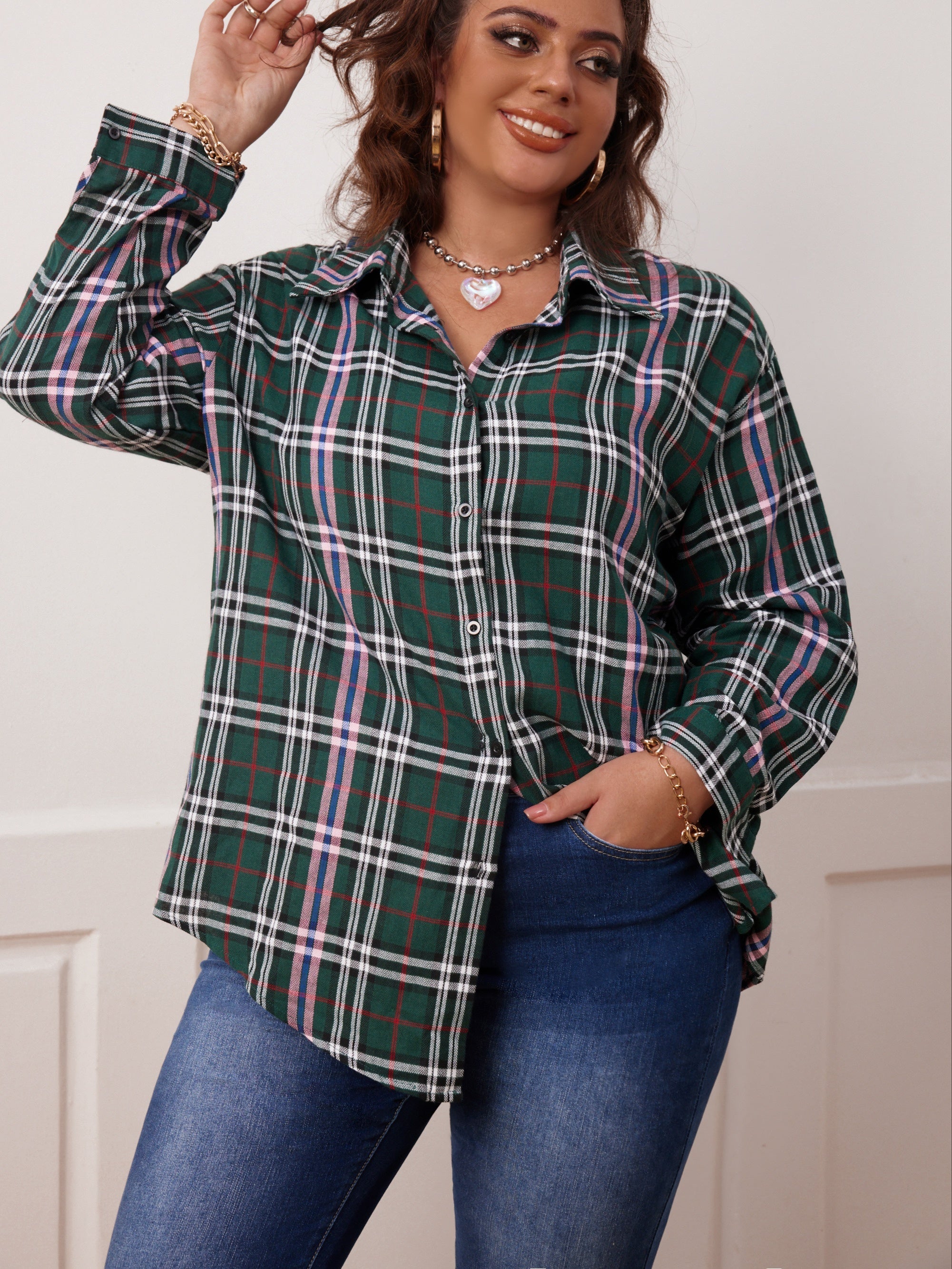 Plaid & Slogan Print Long Sleeve Button Up Shirt