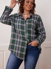 Plaid & Slogan Print Long Sleeve Button Up Shirt