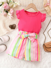 Girls Ruffled Sleeves Tee & Stripe Shorts Set