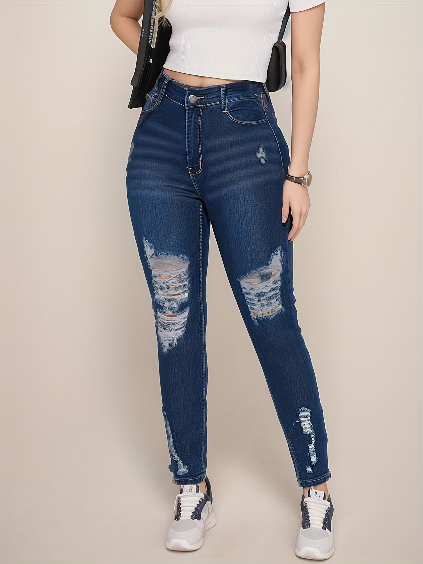 Dark Ripped Skinny Jeans Slim Fit Mid Stretch Denim Pant