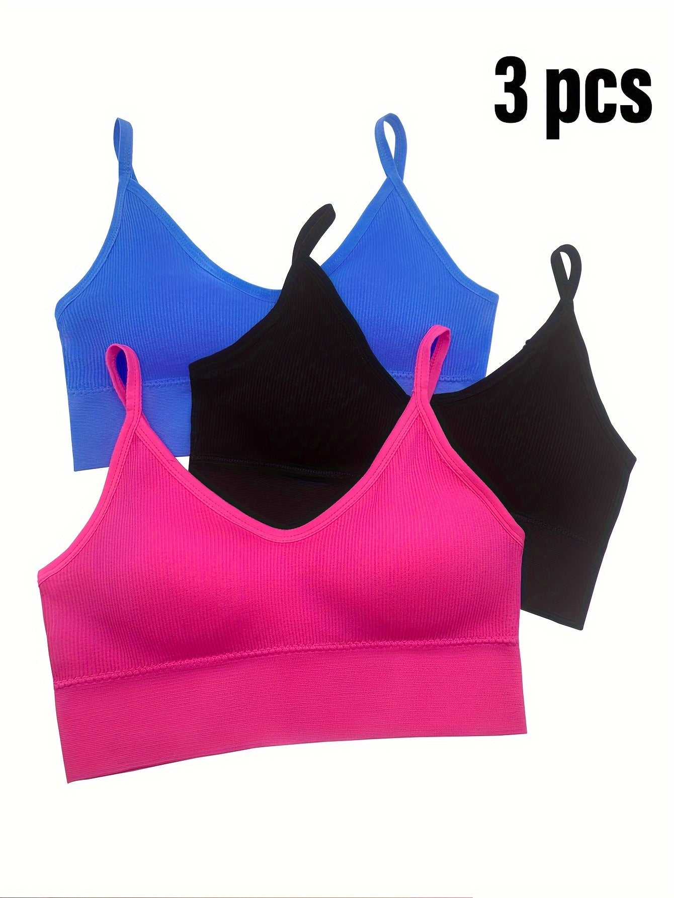 3pcs Solid Ribbed Sports Bras Stretch Intimates Bra Women's Lingerie