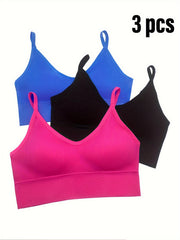 3pcs Solid Ribbed Sports Bras Stretch Intimates Bra Women's Lingerie