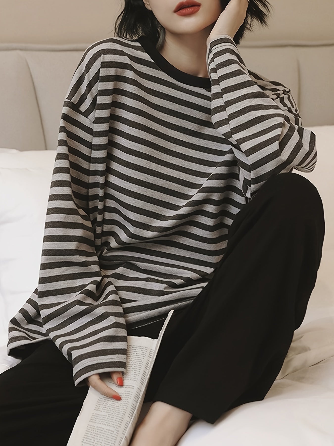 Striped Print Pajama Set Long Sleeve Top & Pants