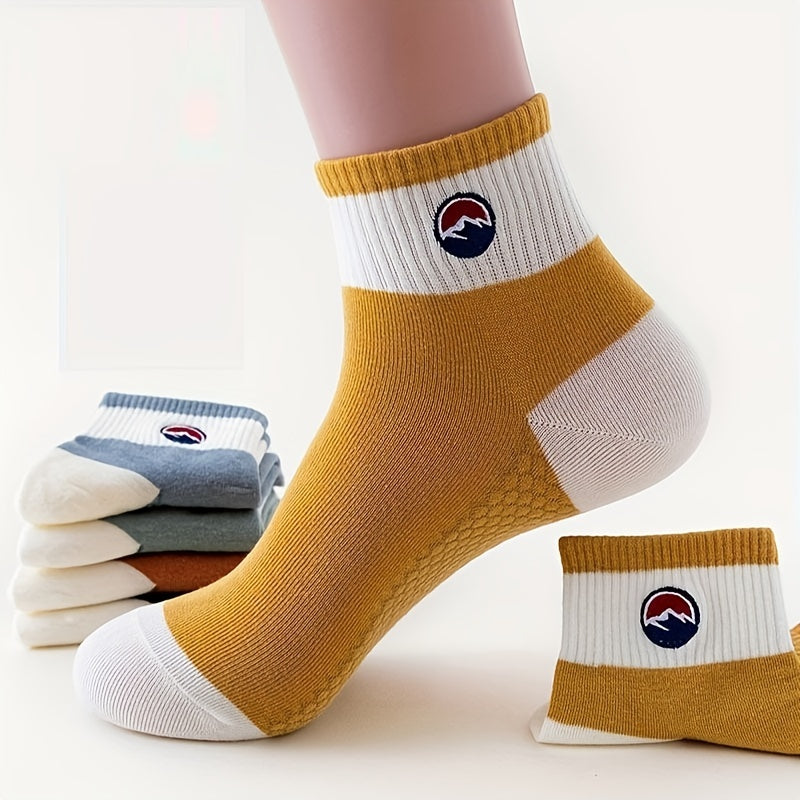 5 Pairs Men's Block Crew Socks Comfy Outdoor Casual Unisex All Seasons