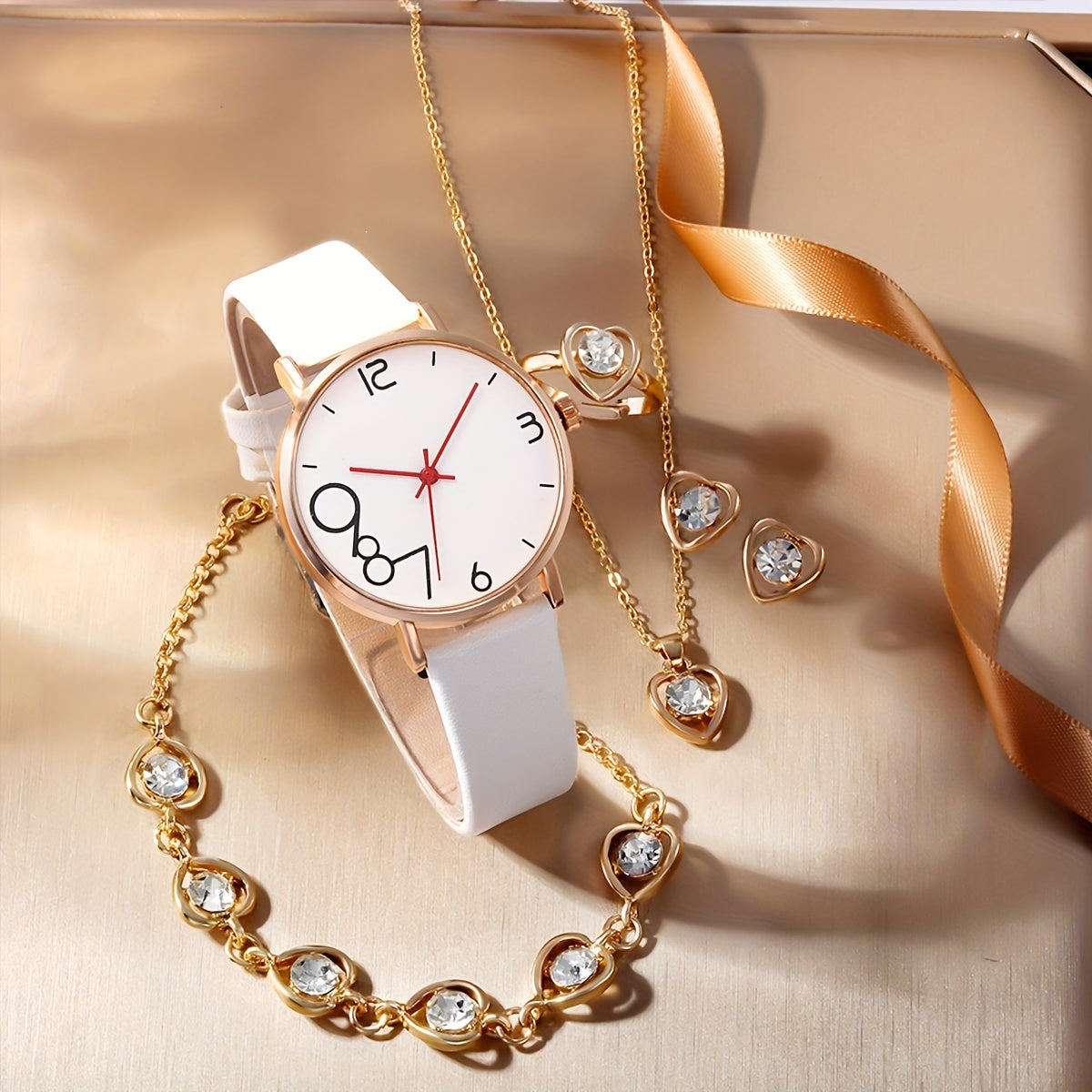 6pcs Fashionable Digital Leather Quartz Watch Set