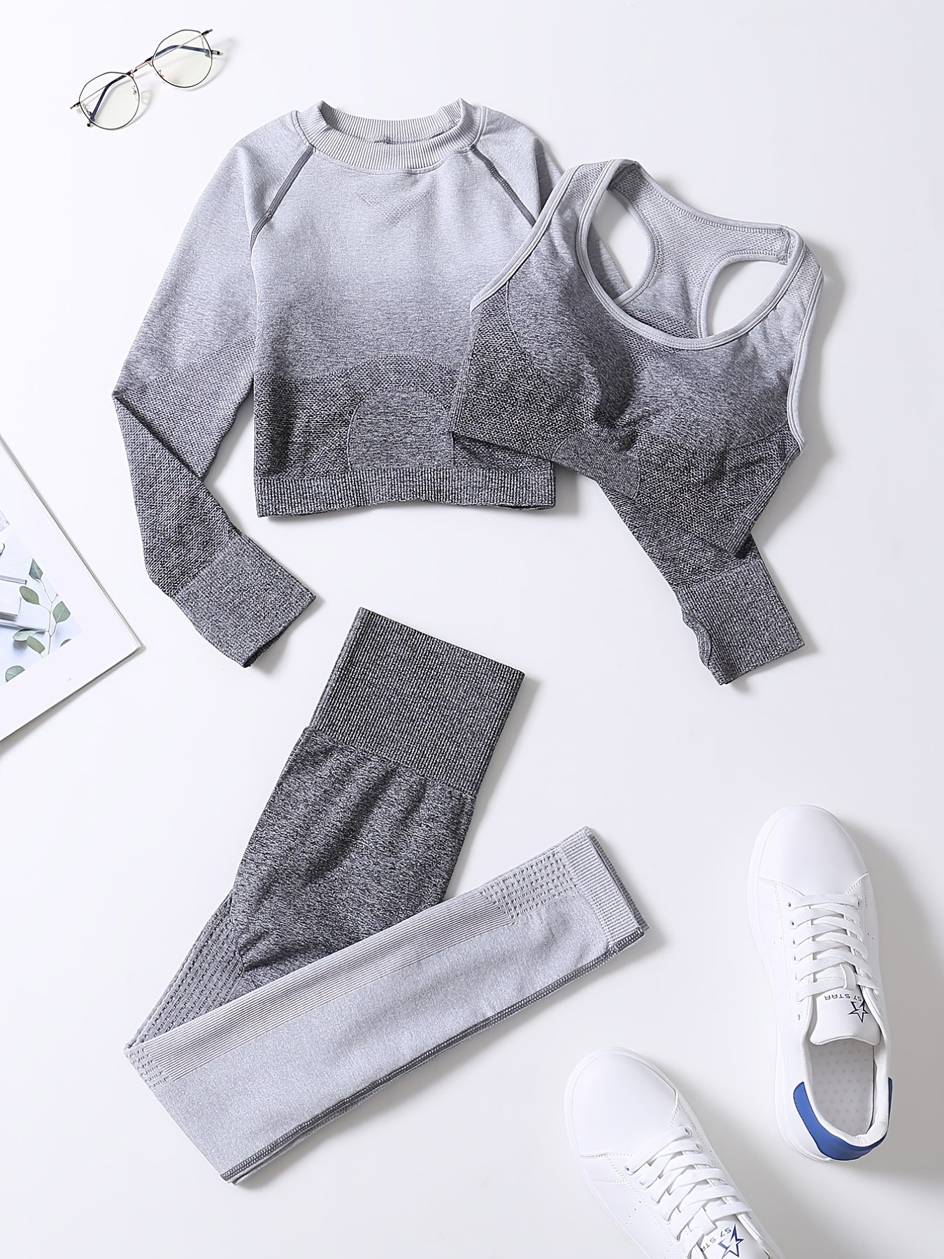 2pcs Women's Seamless Yoga Set Gradient Leggings Crop Top Sports Bra Fitness