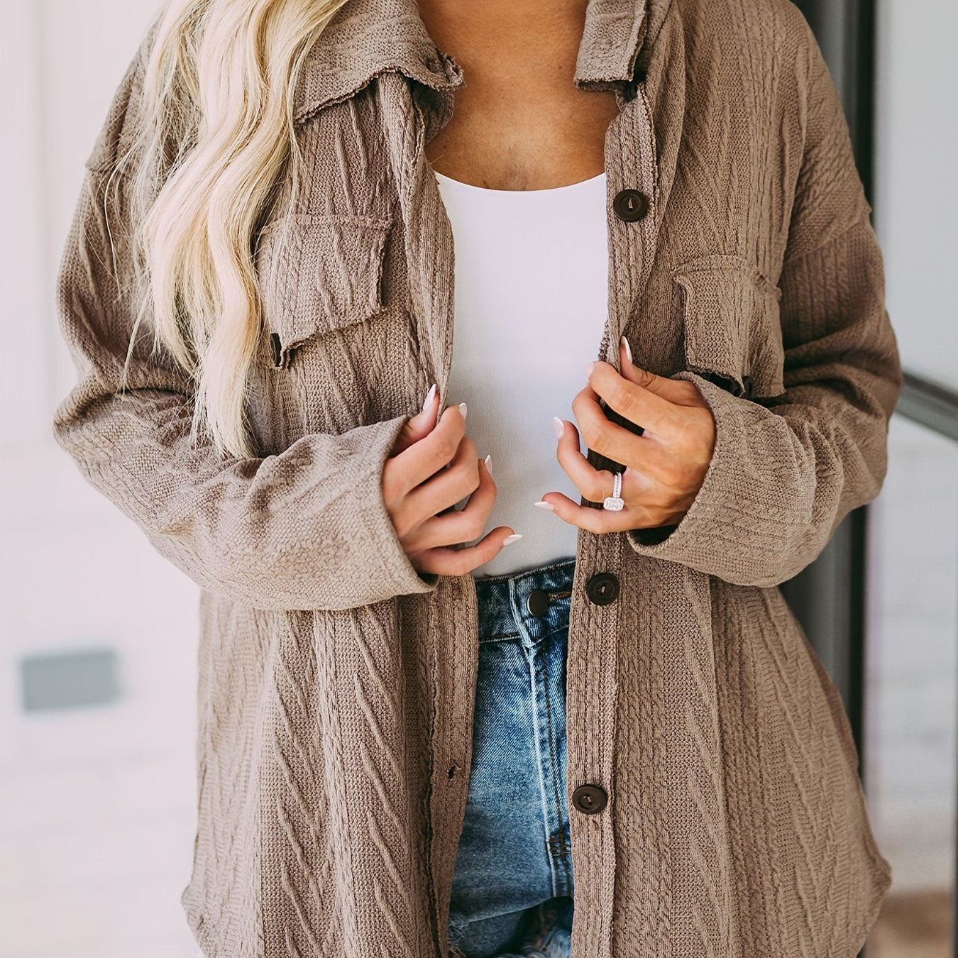 Women's Solid Button Down Knit Top Casual Textured Jacket