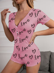 Heart Print Pajama Romper Short Sleeve V Neck Buttons Pajamas Women's Lingerie