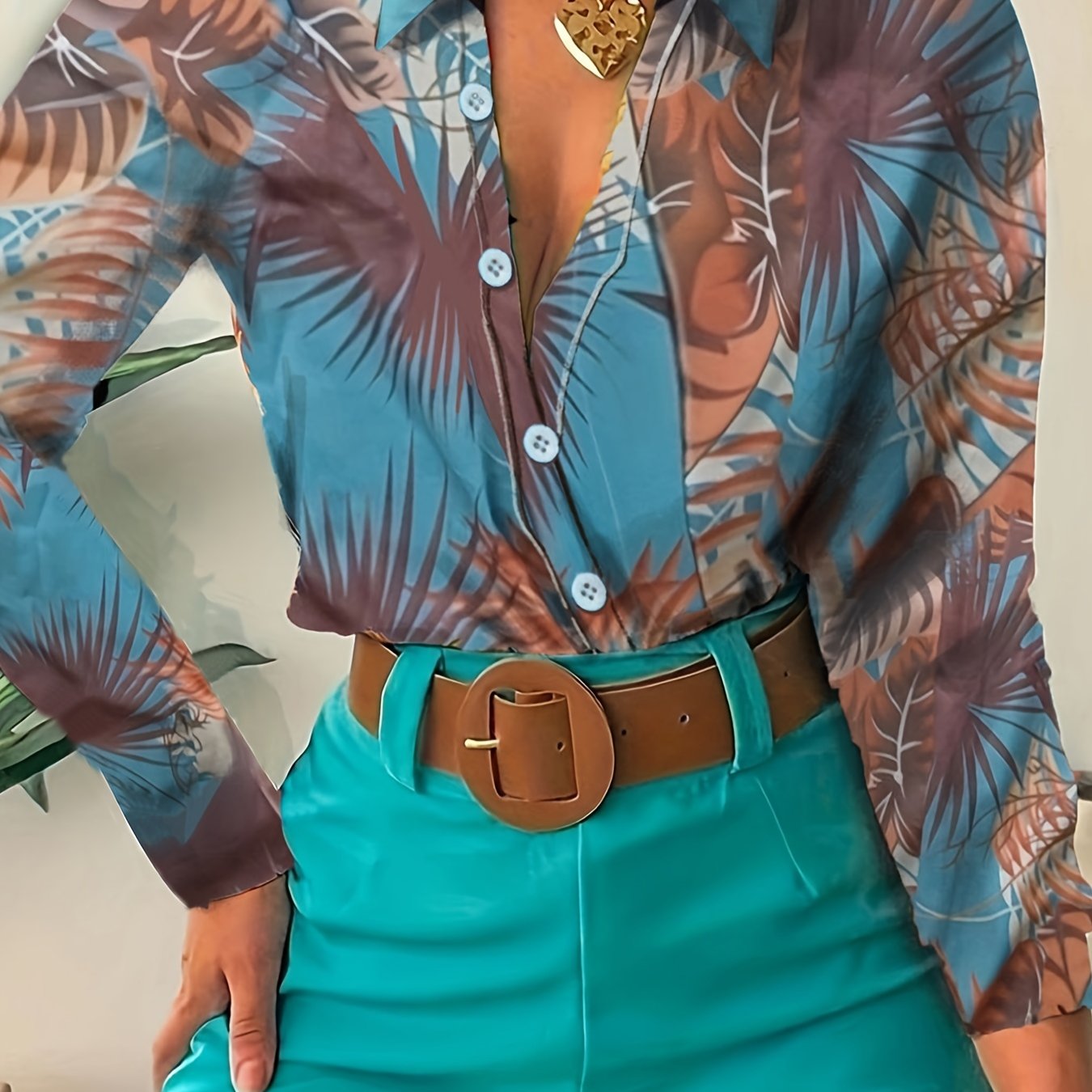 Tropical Print Button Up Long Sleeve Blouse