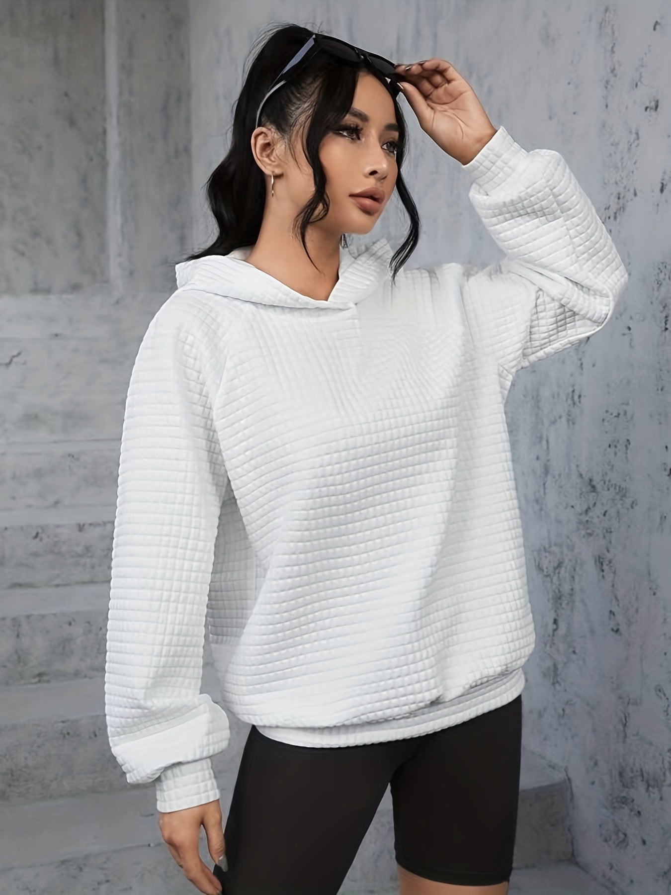 Waffle Loose Hoodie Long Sleeve Sweatshirt Women's