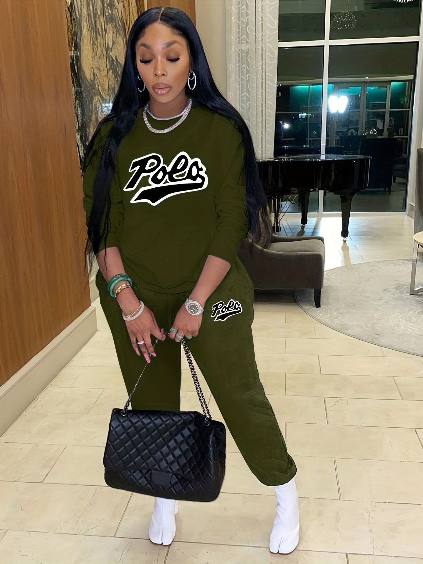 Casual Letter Print Two-piece Set Crew Neck Long Sleeve Tops & Jogger Pants