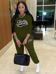 Casual Letter Print Two-piece Set Crew Neck Long Sleeve Tops & Jogger Pants