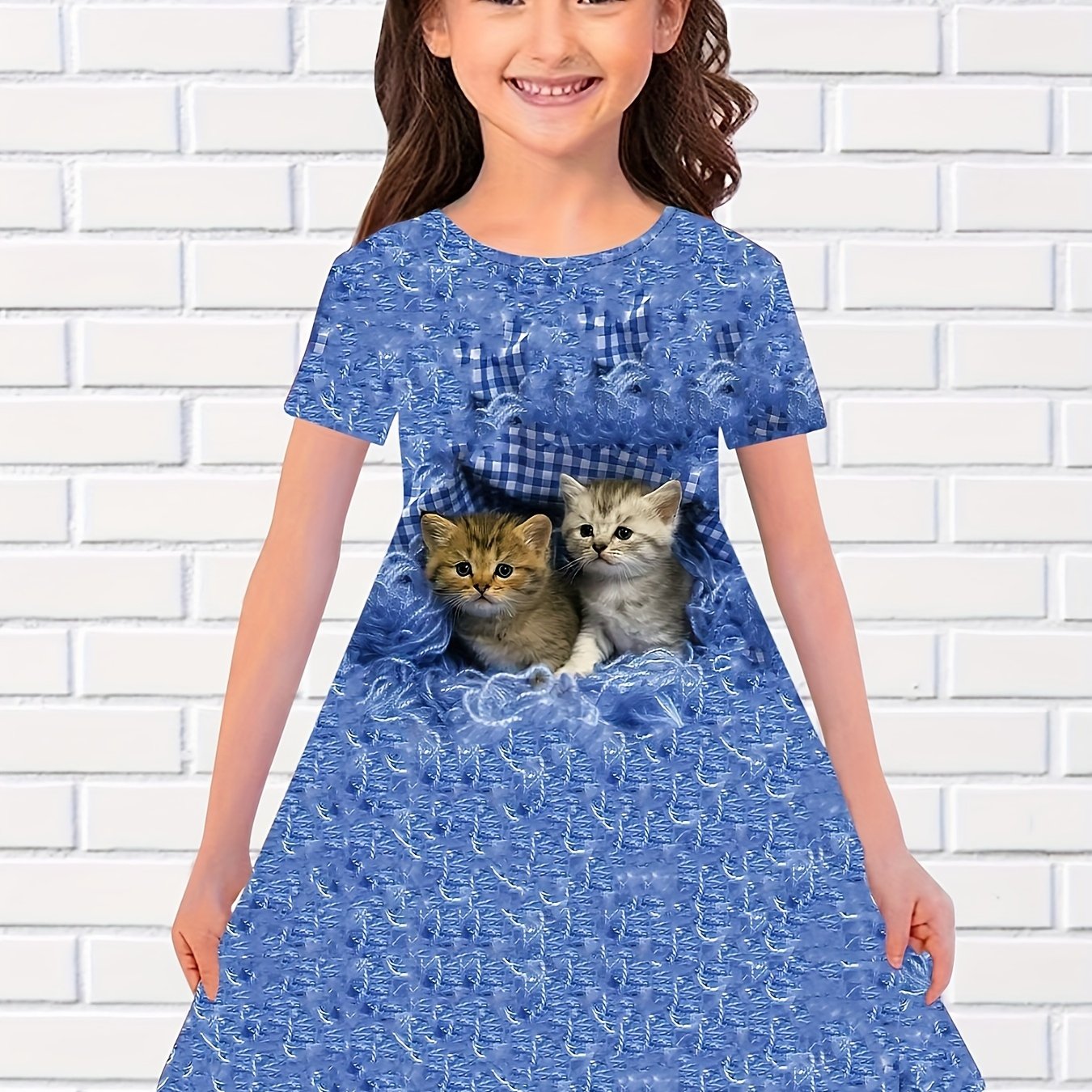 Girls 3D Kitty Print Dress Summer Clothes