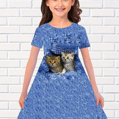 Girls 3D Kitty Print Dress Summer Clothes