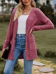 Ribbed Knit Button-Up Cardigan with Pockets