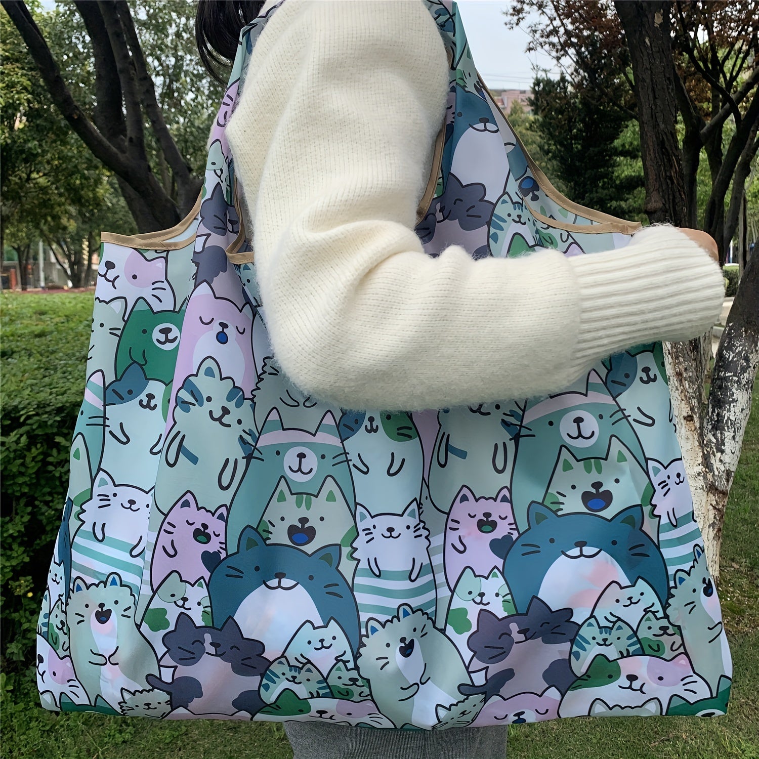 Cartoon Print Casual Tote Bag Large Capacity Foldable Shopping Shoulder Bag