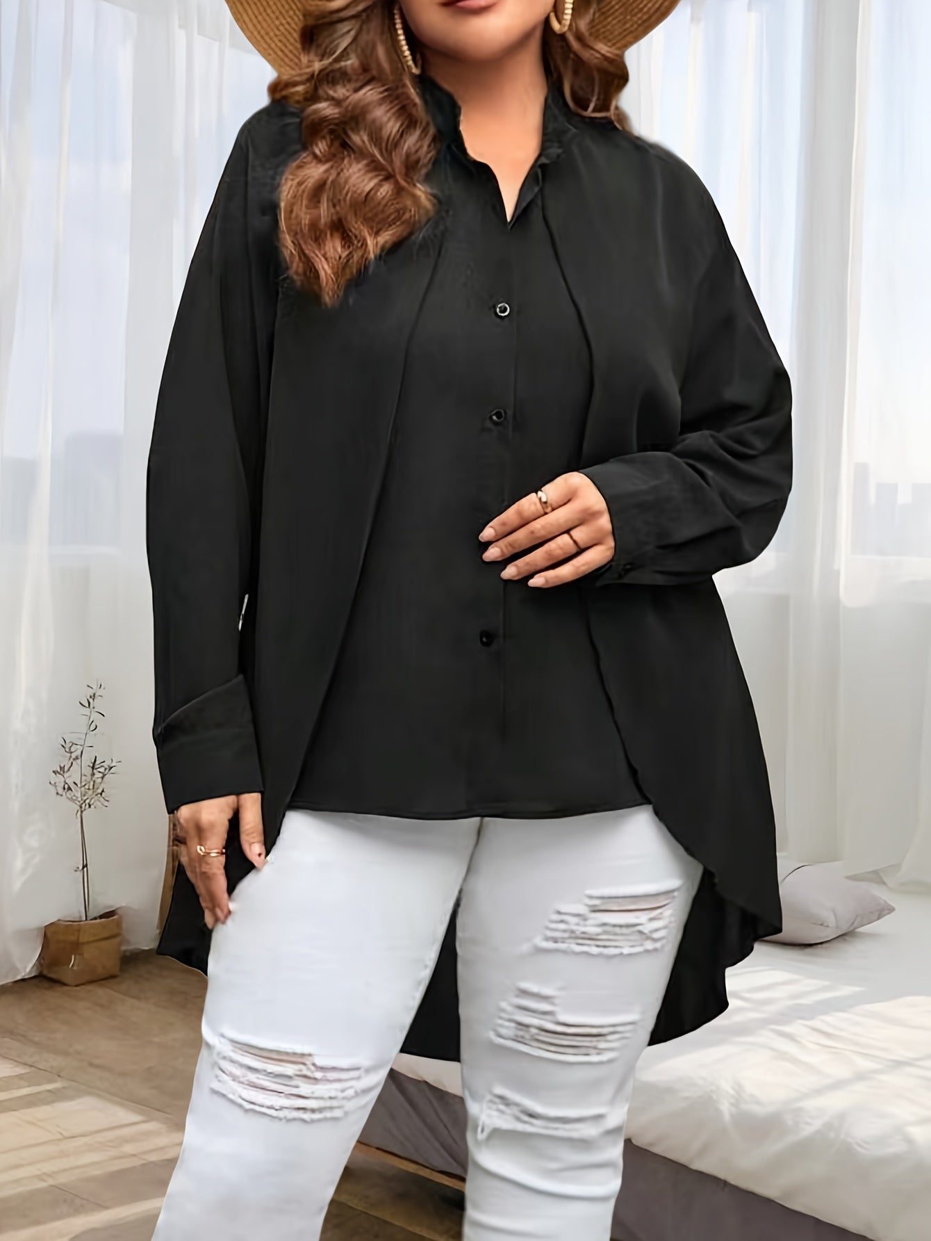 Solid Button Up Long Sleeve Blouse