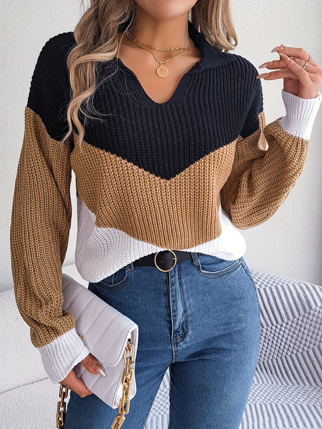 Block Polo Collar Sweater Drop Shoulder Knitted Top