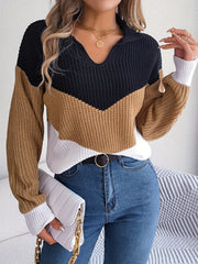 Block Polo Collar Sweater Drop Shoulder Knitted Top