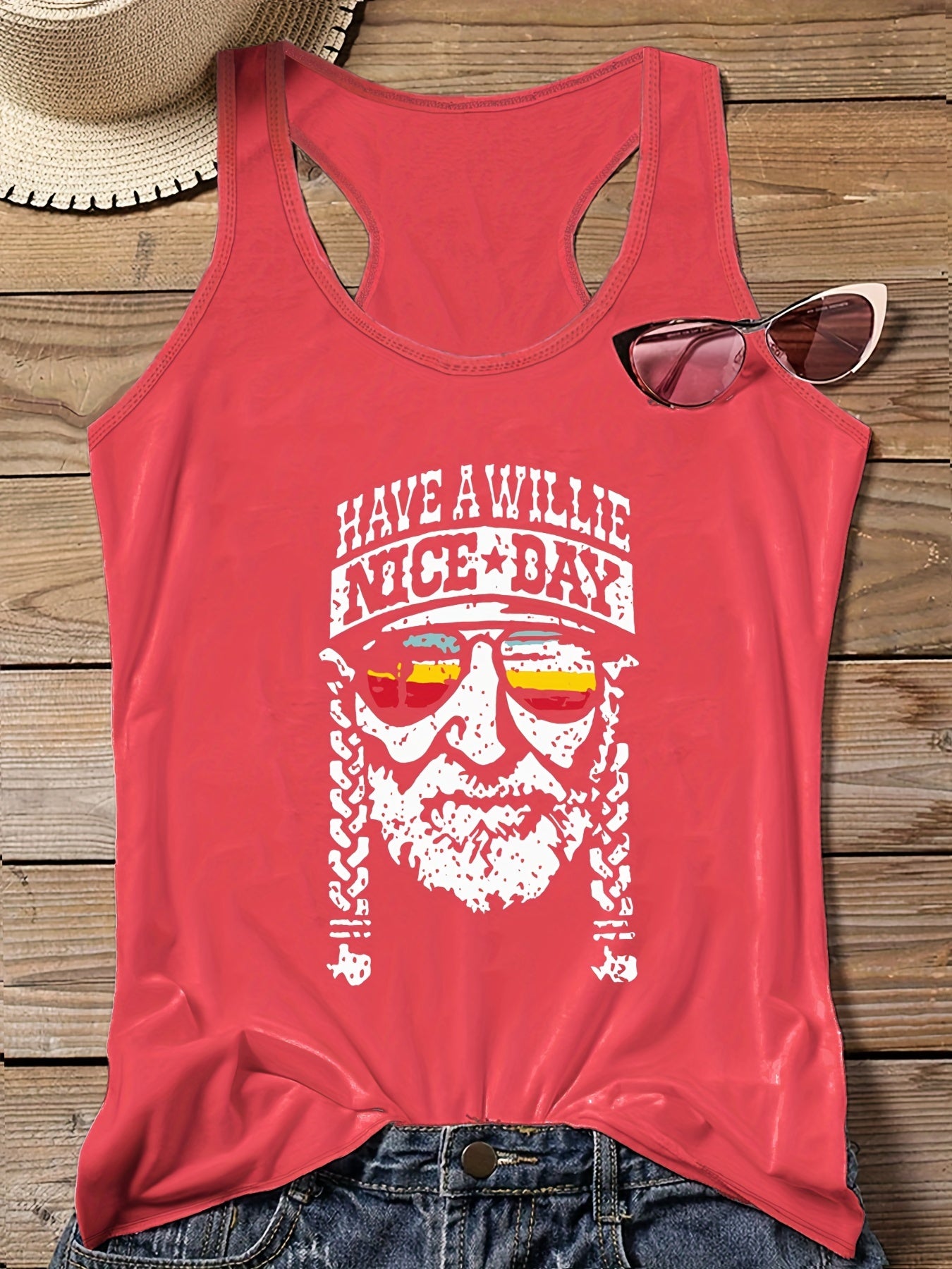 Crinkle Figure & Slogan Print Round Neck Plus Size Tank Top