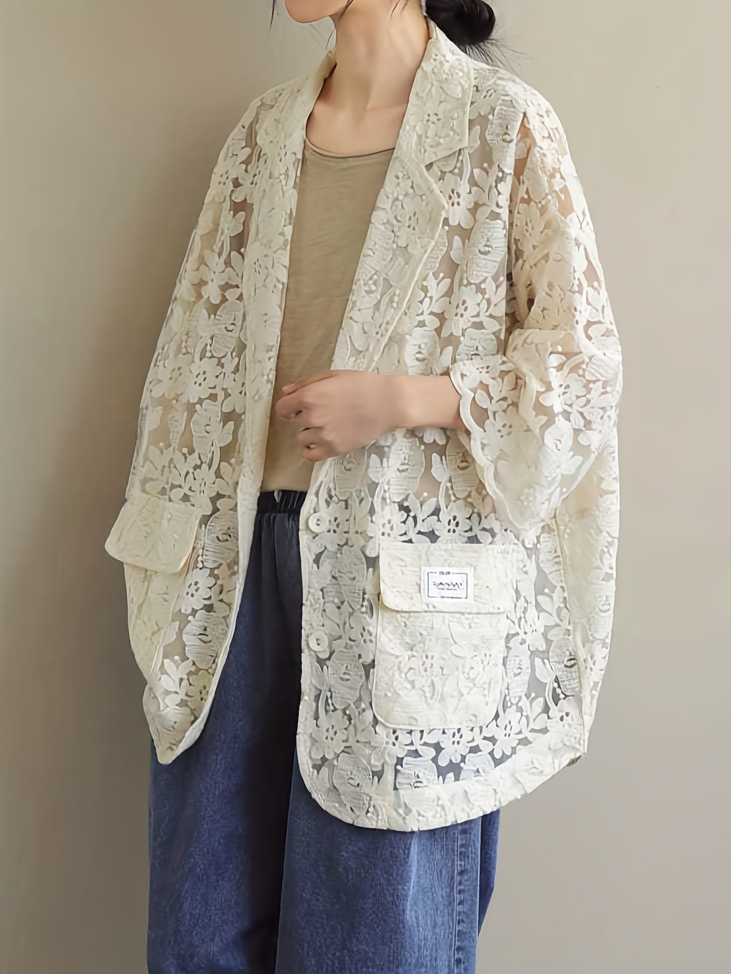 Lace Open Front Blazer Casual Lapel Blazer For Spring & Summer
