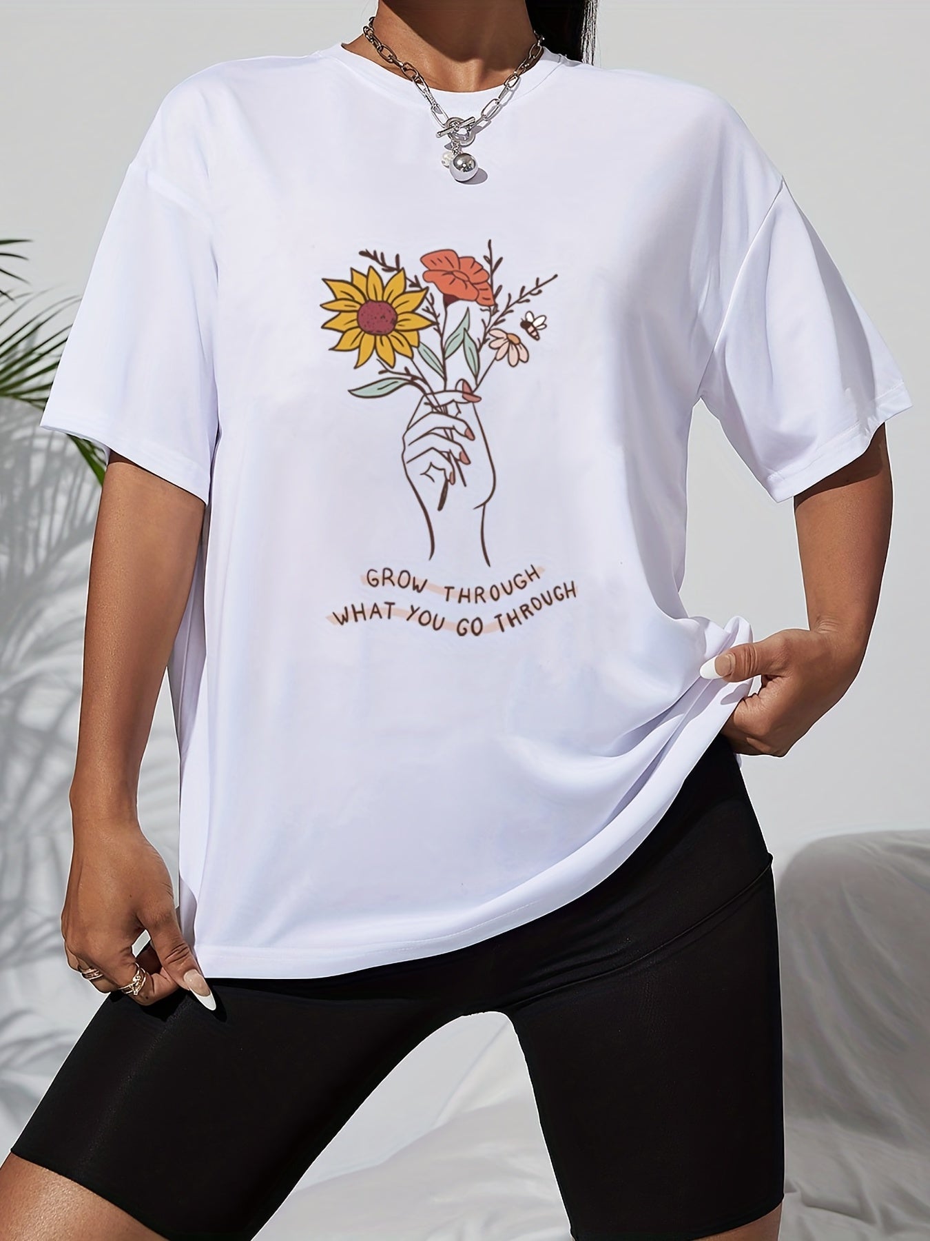 Finger Flower Letter Print Casual T shirts Women's Graphic Tee