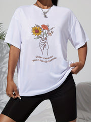 Finger Flower Letter Print Casual T shirts Women's Graphic Tee