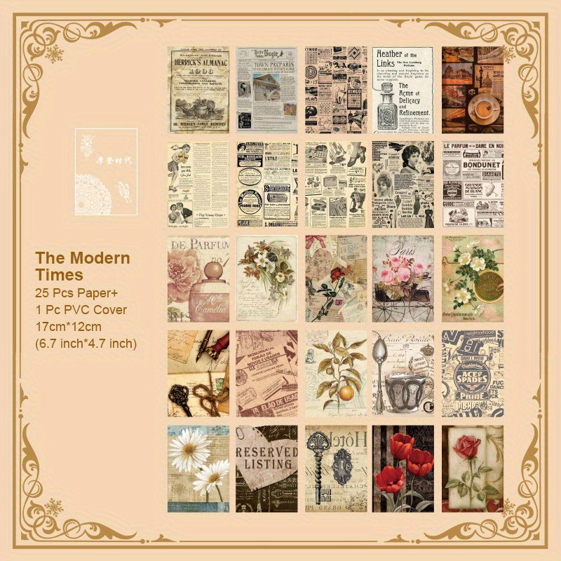 26 Vintage Scrapbook Paper Map Newspaper Pattern Journaling Supplies Kit