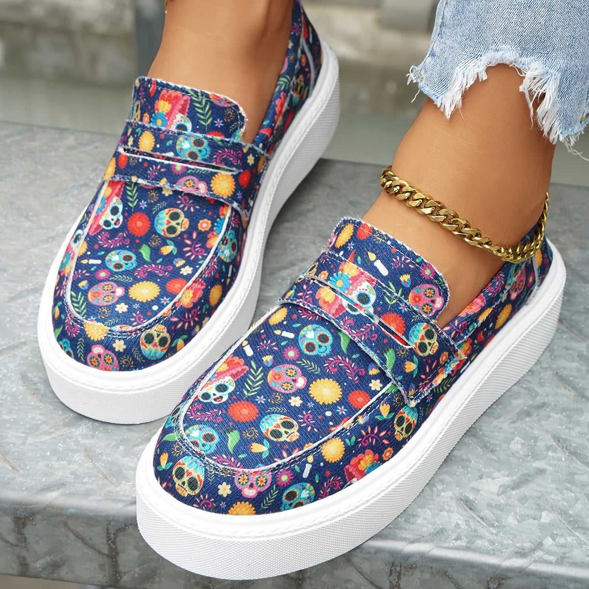 Skull & Flower Print Slip-On Sneakers for Women